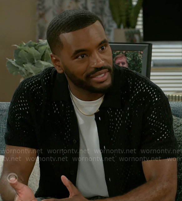 Andre's black crochet shirt on Beyond the Gates