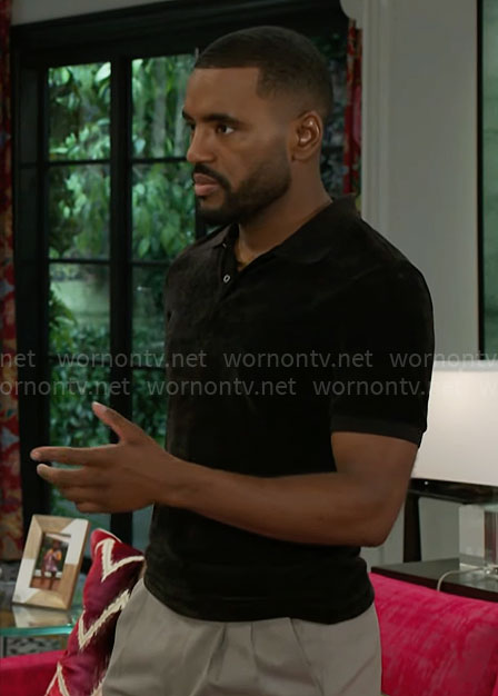 Andre's black velvet polo shirt on Beyond the Gates