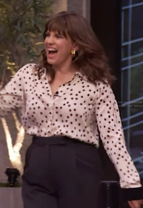 Anna Chlumsky's white polka dot print blouse on Live with Kelly and Mark