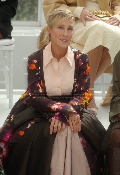 Carrie's floral print shirt and skirt on And Just Like That