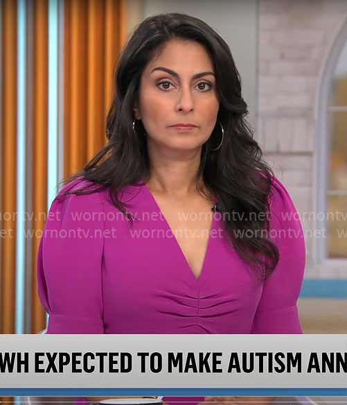 Celine Gounder's magenta v-neck dress on CBS Mornings