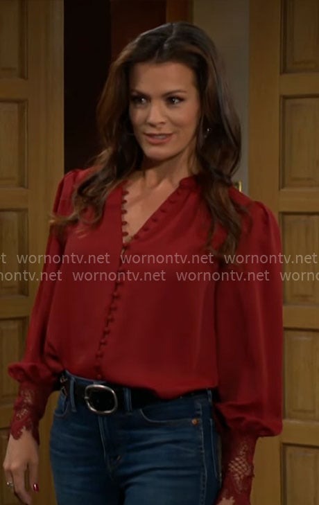 Chelsea's red crochet-cuff blouse on The Young and the Restless