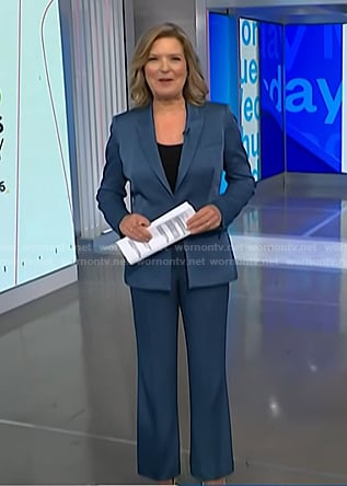 Christine Romans' blue satin blazer and pant set on NBC News Daily