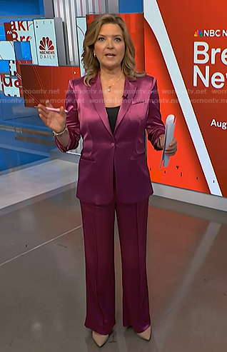 Christine Romans' pink satin blazer and pants on NBC News Daily