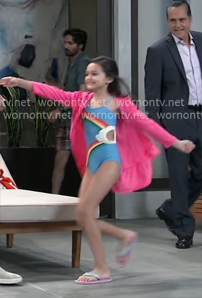 Donna's rainbow swimsuit and pink hoodie on General Hospital