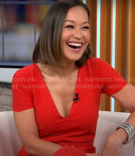 Eva Pilgrim's red v-neck dress on CBS Mornings
