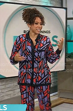 Gabrielle Kerr's purple and red geometric print shirt and pants set on CBS Mornings