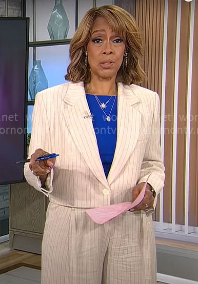 Gayle King's beige pinstripe cropped blazer and pants on CBS Mornings