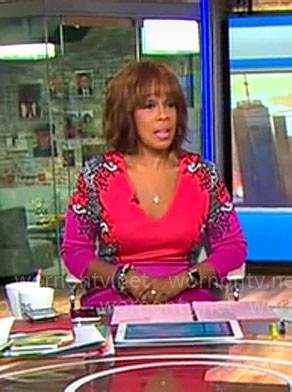 Gayle King's pink and red printed v-neck dress on CBS Mornings