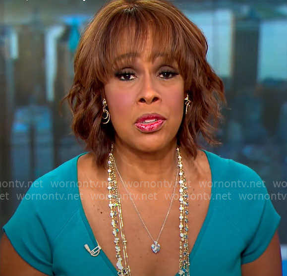 Gayle King's teal v-neck dress on CBS Mornings