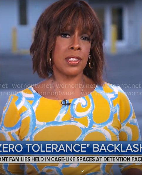 Gayle King's yellow and blue printed dress on CBS Mornings