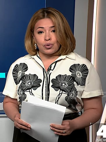 Gilma Avalos's white and black floral print shirt on NBC News Daily