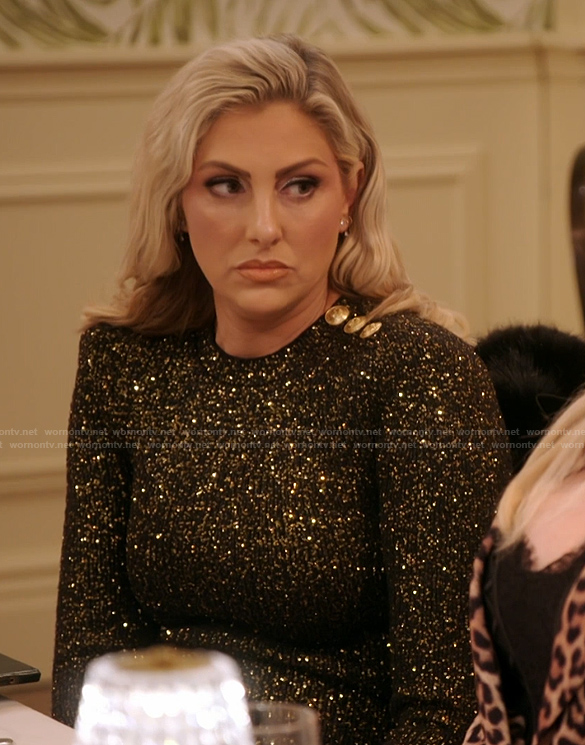 Gina's metallic button shoulder dress on The Real Housewives of Orange County