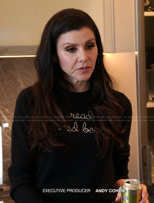 Heather's black embroidered sweater on The Real Housewives of Orange County