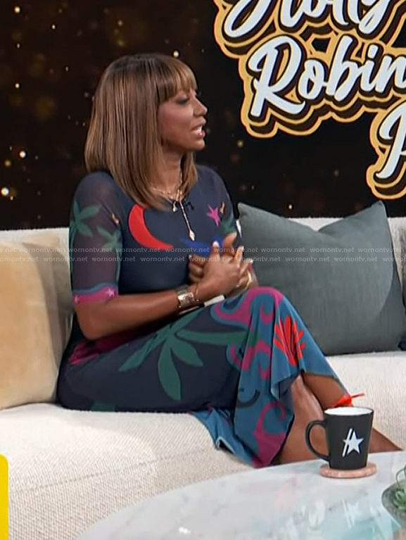 Holly Robinson Peete's printed mesh midi dress on Access Hollywood