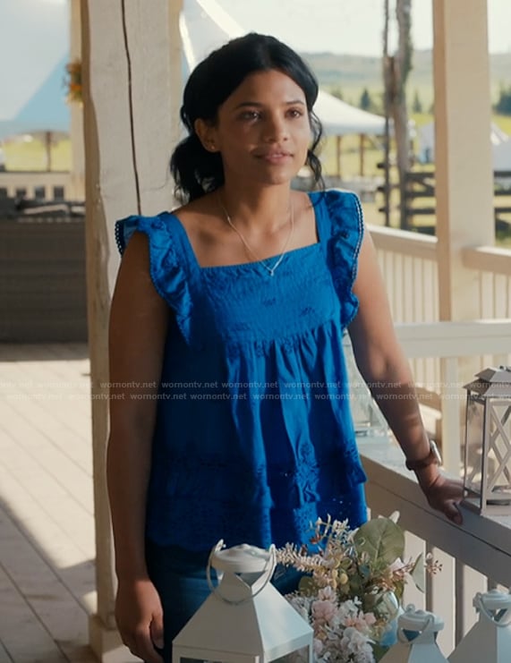 Jackie's blue square neck top on My Life with the Walter Boys