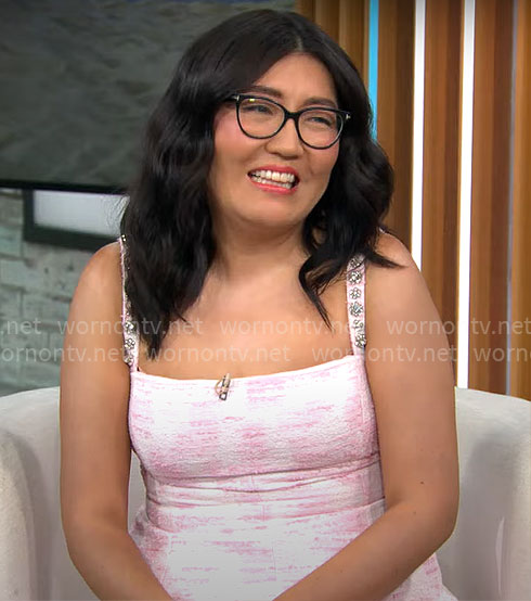 Jenny Han's pink tweed dress on CBS Mornings