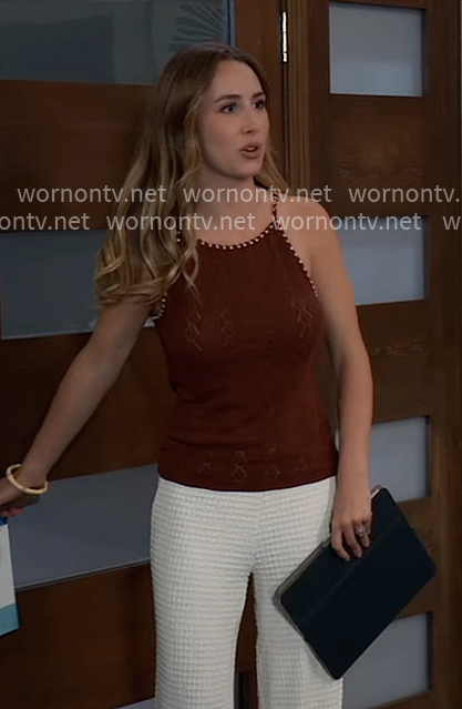 Josslyn's brown knit top with beaded trim on General Hospital