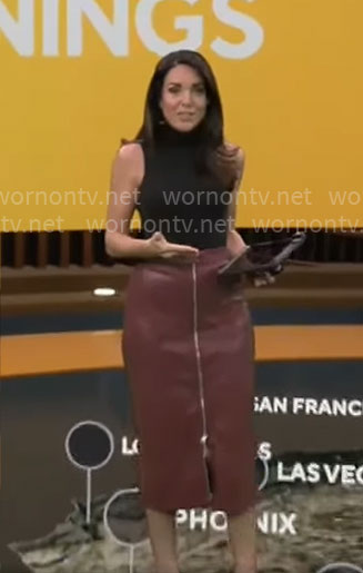 Kate Bilo's burgundy leather zip-front skirt on CBS Mornings