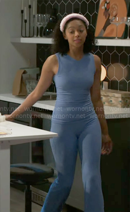 Kat's blue ribbed lounge top and pants set on Beyond the Gates