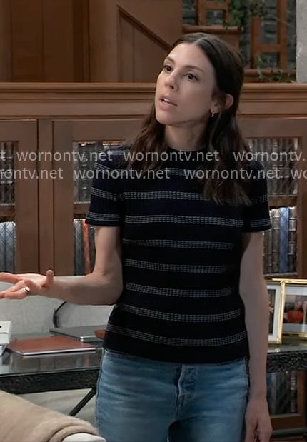 Kristina's navy striped rib knit top on General Hospital