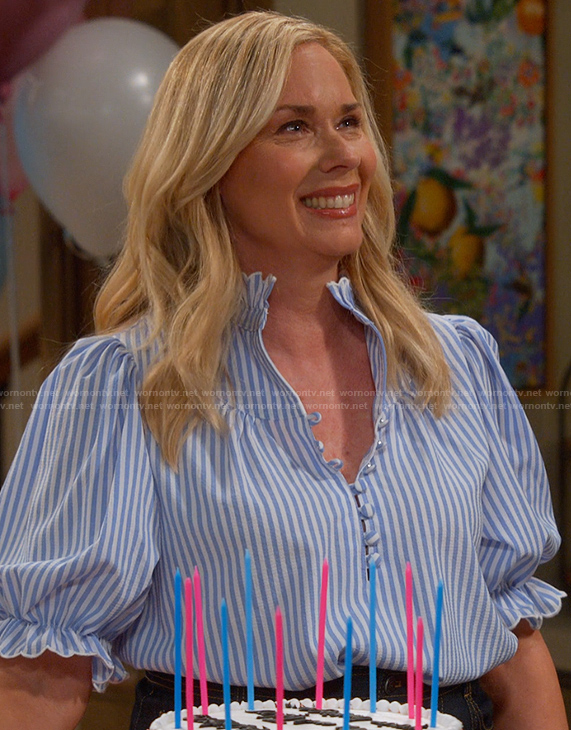 Leanne's blue striped ruffle neck top on Leanne