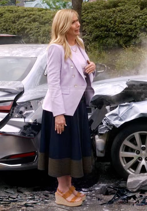 Leanne's purple blazer and denim skirt on Leanne