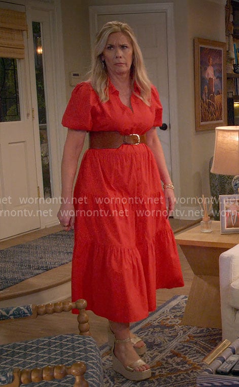 Leanne's red puff-sleeve midi shirtdress on Leanne
