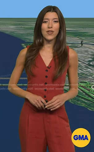 Lindsay Tuchman's red vest and pants on Good Morning America