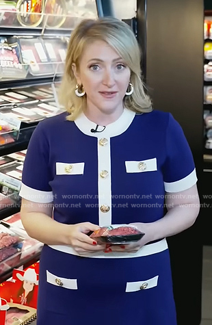 Lisa Rozner's navy contrast trim dress on CBS Evening News