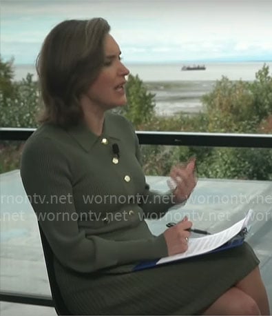 Margaret Brennan's green rib knit button front dress on CBS Mornings