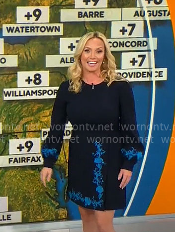 Megan Glaros's blue floral embroidered dress on CBS Mornings