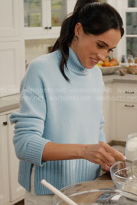 Meghan Markle's blue mock-neck sweater on With Love Meghan