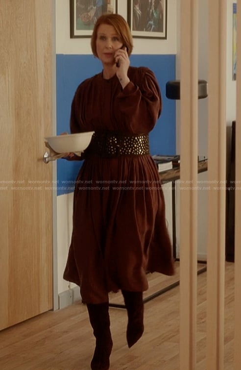 Miranda's burgundy long sleeve gathered dress on And Just Like That