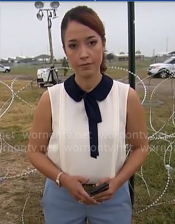 Mireya Villarreal's white top with contrast collar and tie on CBS Mornings