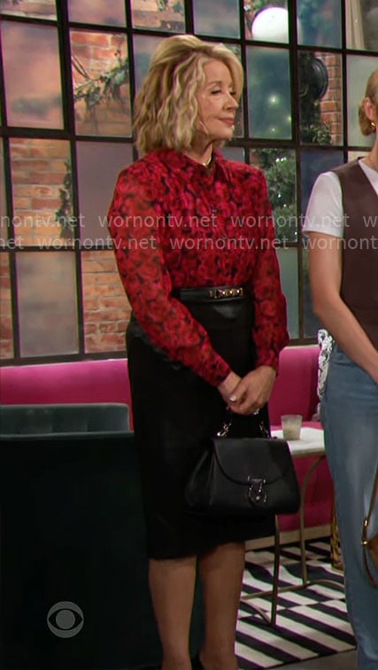 Nikki's red rose print button down blouse on The Young and the Restless