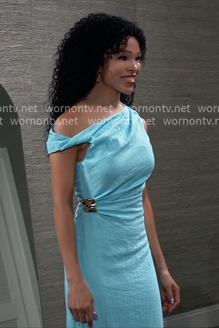 Portia's turquoise asymmetric dress with gold detail on General Hospital
