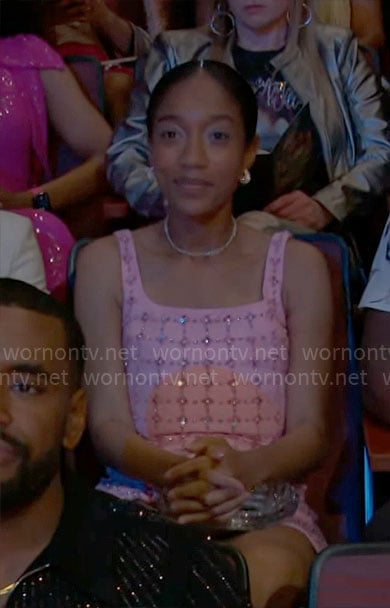 Samantha's pink embellished mini dress on Beyond the Gates