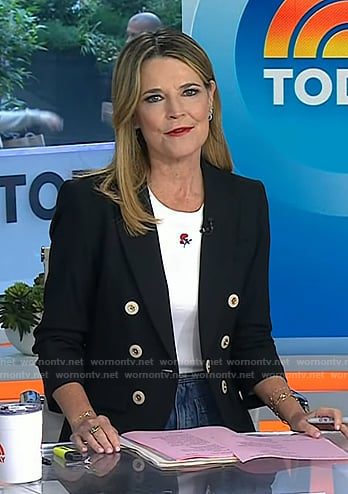 Savanah's white floral tee and black blazer on Today