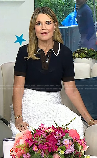 Savannah's navy pointelle polo and white textured skirt on Today