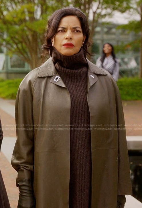 Seema's khaki leather coat on And Just Like That