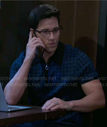 Smitty's blue geometric zip polo shirt on Beyond the Gates