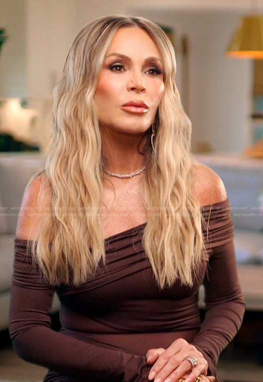 Tamra's brown mesh confessional dress on The Real Housewives of Orange County
