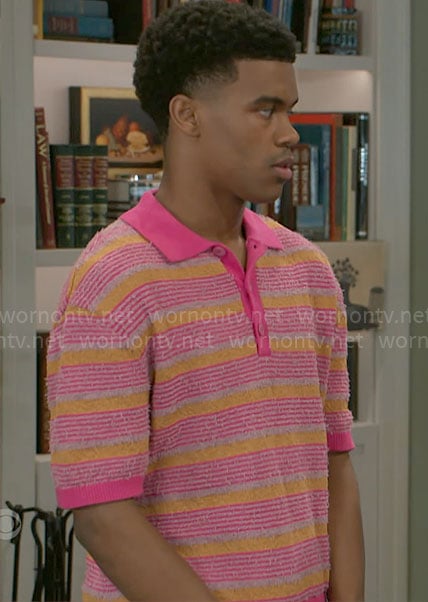 Tyrell's pink striped polo shirt on Beyond the Gates