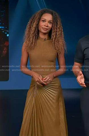 Zuri's brown ribbed knit top and pleated leather skirt on Access Hollywood