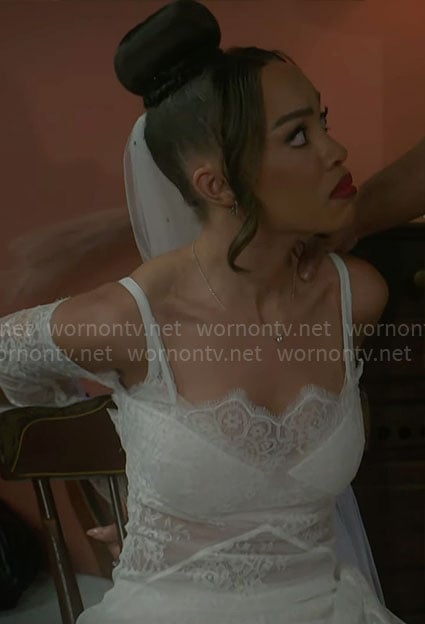 Allison's white lace off-shoulder gown on Beyond the Gates