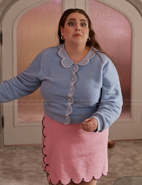 Althea's blue scalloped cardigan and skirt on Only Murders in the Building