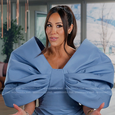 Angie's blue bow confessional dress on The Real Housewives of Salt Lake City