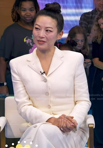 Arden Cho's white collared button front dress on Good Morning America