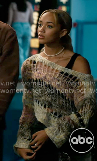 Ava's open stitch off-shoulder sweater on High Potential
